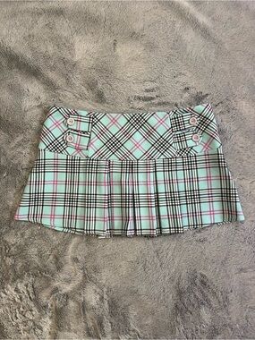 Mint Plaid Pleated Mini Skirt with Button Detail